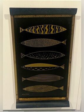 Rare Fred Press Fish Brass Gold Black Cocktail Serving Tray